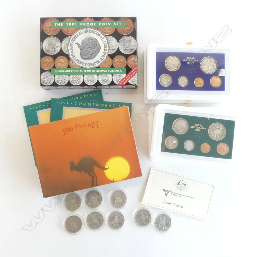 4 ROYAL AUSTRALIAN MINT COIN COLLECTIONS; COMMONWEALTH GAMES BRISBANE IIX, 1989 & 1991, MTM MONORAIL & 8 1966 50c COINS Image 1++