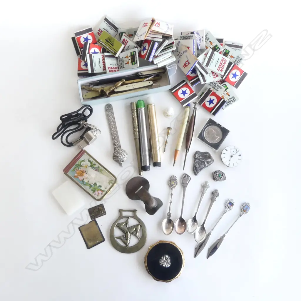 COLLECTION PENKNIVES, TIPPED PENS & SEALS, NICKNACKS, & BAG of UNION STEAMSHIP & BLUE STAR LINES MATCHBOOKS Image 1++