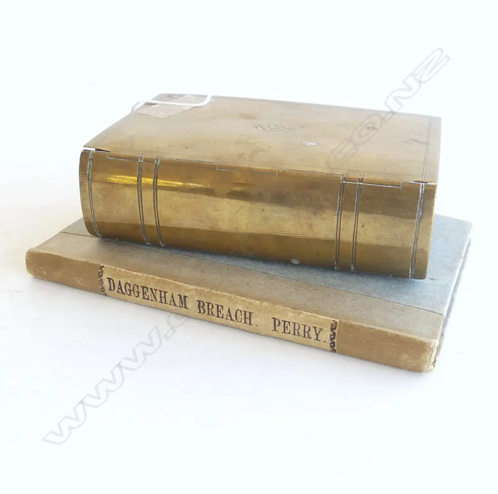 1720 ANTIQUE REBOUND BOOK 'DAGGENHAM BREACH' H.175mm + BRASS BOOK FORM CONTAINER H.145mm Image 1++