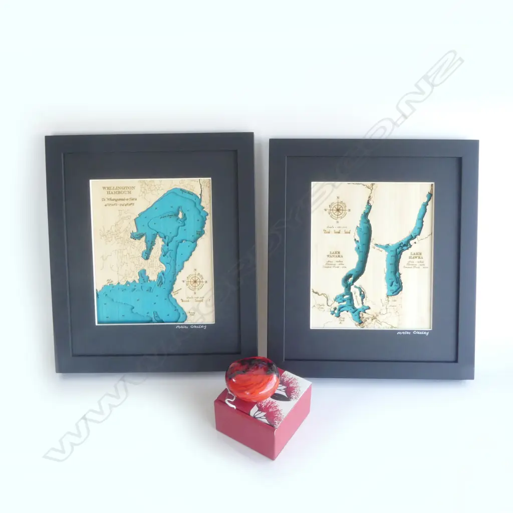 2 3D HAND MADE ART WORKS WELLINGTON HARBOUR & LAKE WANAKA H340 L380  BOXED SIGNED GLASS PAPER WIEGHT L80MM  Image 1++
