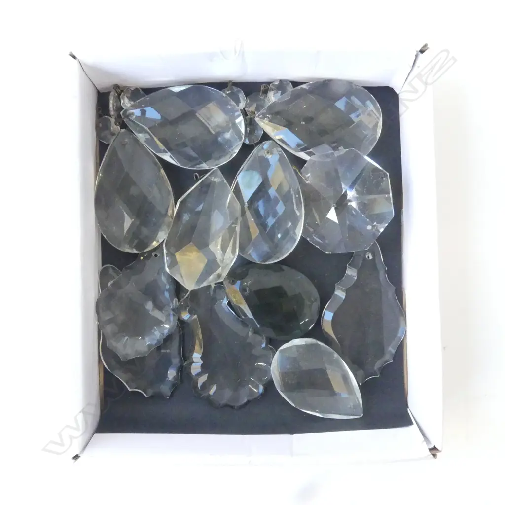 12 LARGE VINTAGE CRYSTAL DROPS ASST. SHAPES, L.60MM-90MM Image 1++