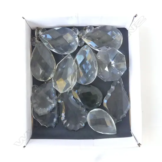 12 LARGE VINTAGE CRYSTAL DROPS ASST. SHAPES, L.60MM-90MM