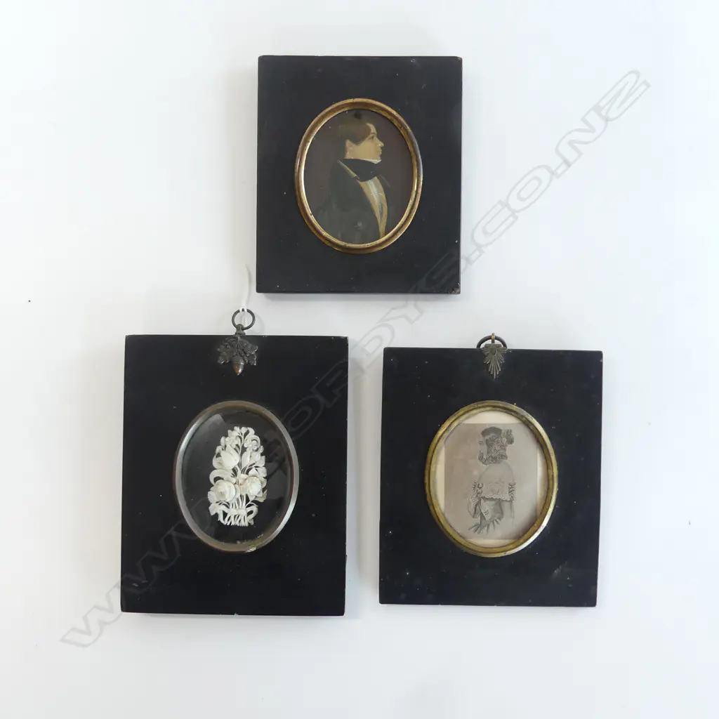 3 19thC MINIATURES; FLORAL CARVING, 2 PORTRAITS (GENT 'C. HEAD b. JUNE 23rd 1817') Image 1++