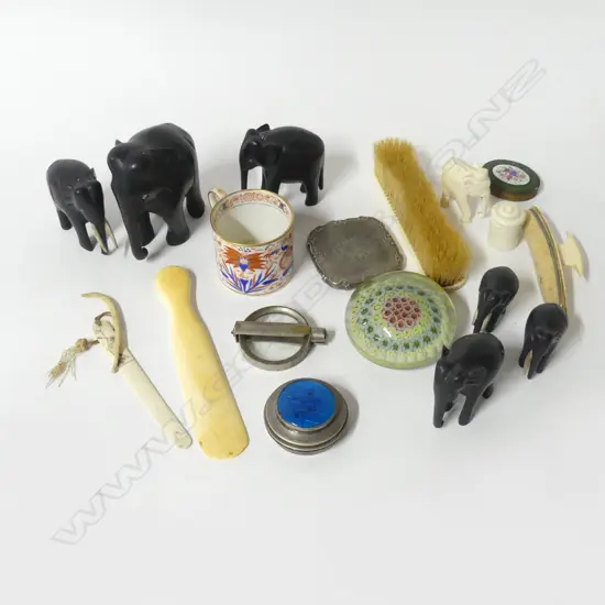 EBONY ELEPHANTS, ASST. IVORY, MAKE UP CONTAINERS ETC