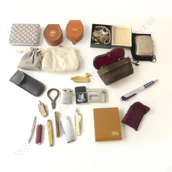 ASST. LIGHTERS, CUFFLINKS, OPERA GLASSES, STG SILVER CARD CASE 55gms