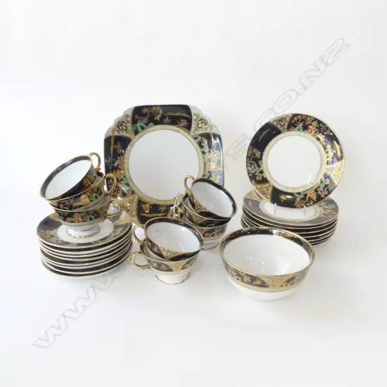 NORITAKE JAPANESE 26PC TEA SET GOLD & ENAMEL DETAIL 8 CUPS, 8 SAUCERS, 8 PLATES, CAKE PLATE, AND SUGAR BOWL