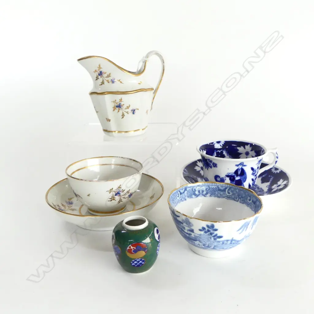 7 ANTIQUE ENGLISH CHINA PCES: tea bowls + MINI VASE + + SAUCERS + CREAM JUG ETC Image 1++