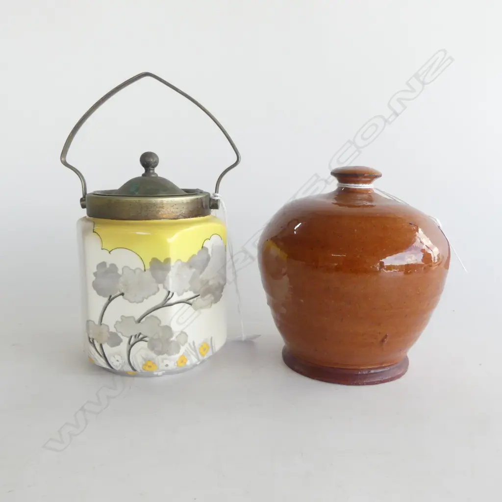 LIDDED SUGAR BOWL IN CLARICE TYPE PATTERN & INTERESTING EARTHERNWARE MONEY BOX Image 1++