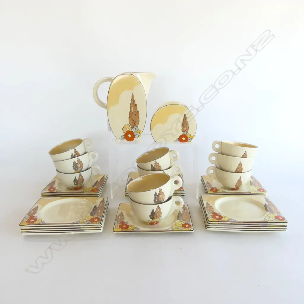 CLARICE CLIFF PART TEA SET 'CAPRI' PATTERN 11 PLATES & SAUCERS/10 CUPS/LGE JUG/SUGAR BOWL Image 1++