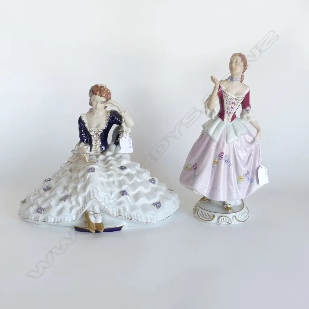 2 LGE ROYAL DUX FIGURINES; SEATED WOMAN w. WIDE SKIRT READING W.330mm, STANDING WOMAN H.320mm  Image 1++