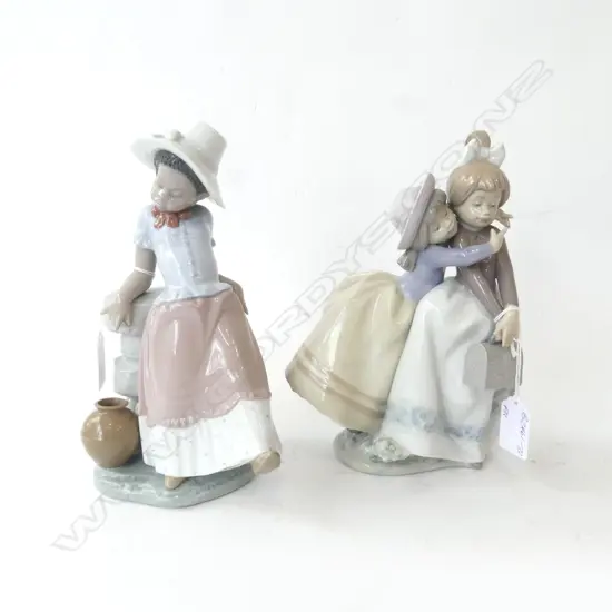 PR LLADRO FIGURINES 2 GIRLS PLAYING & GIRL w BONNET LEANING ON WALL