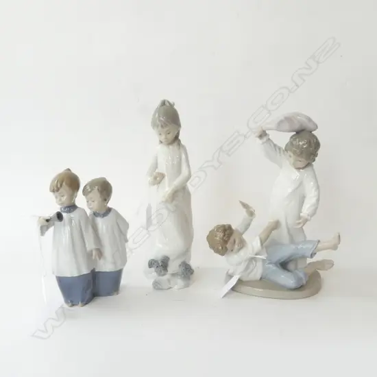 TRIO NAO FIGURINES 'PILLOW FIGHT', GIRL w PUPPY H. 260mm & CHOIRBOYS 