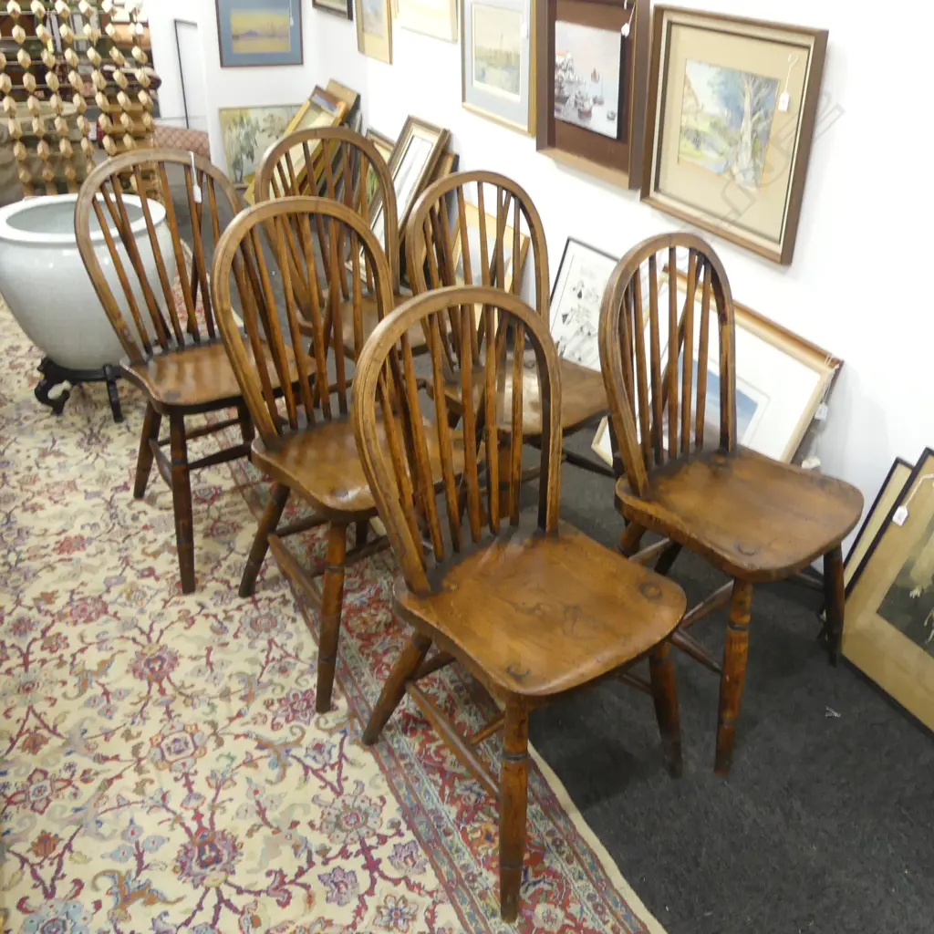 SET 6 ANTIQUE COUNTRY WINDSOR ELM & BEACH DINING CHAIRS possibly American Image 1++