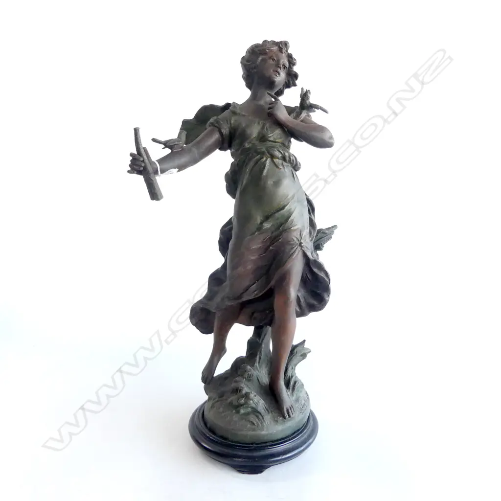 SPELTER FIGURINE GIRL WITH HUNTING HORN ON WOOD BASE H410MM Image 1++