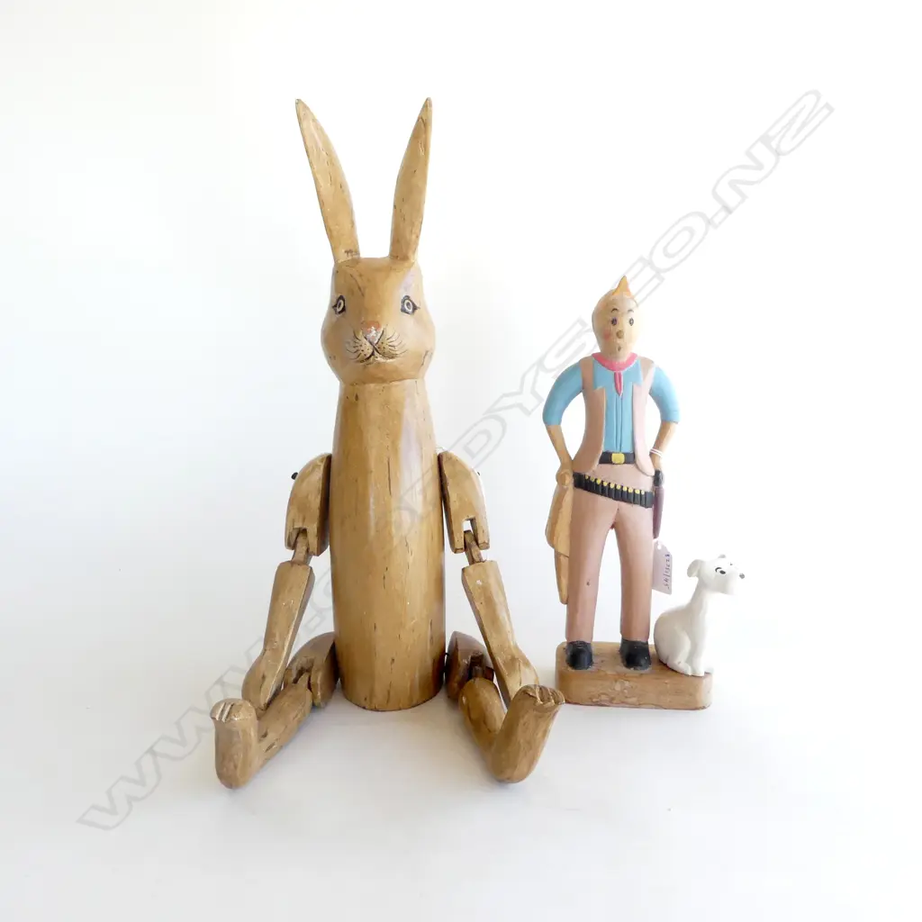 FOLK ART CARVED ARTICULATTED RABBIT H390MM & CARVED WOOD TIN TIN & DOG H280MM Image 1++