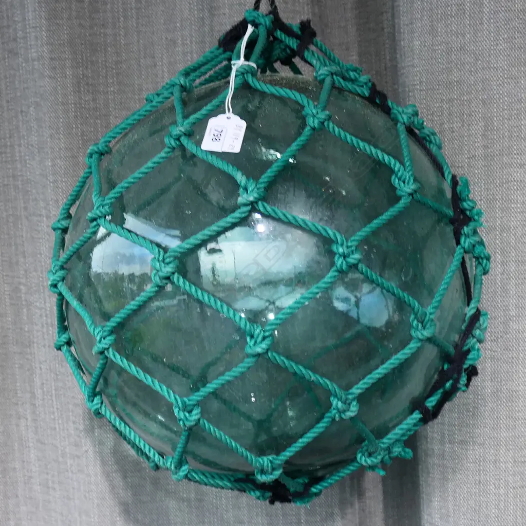 OLD GLASS FISHING FLOAT WITH NETTING hand blown APPROX. Dia.330mm Image 1++