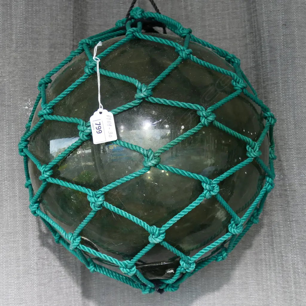 OLD GLASS FISHING FLOAT WITH NETTING hand blown APPROX. Dia.330mm Image 1++