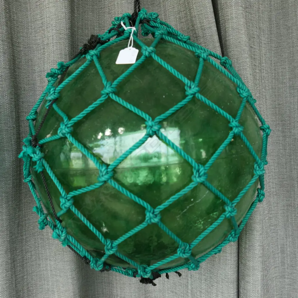 OLD GLASS FISHING FLOAT WITH NETTING hand blown APPROX. Dia.400mm Image 1++