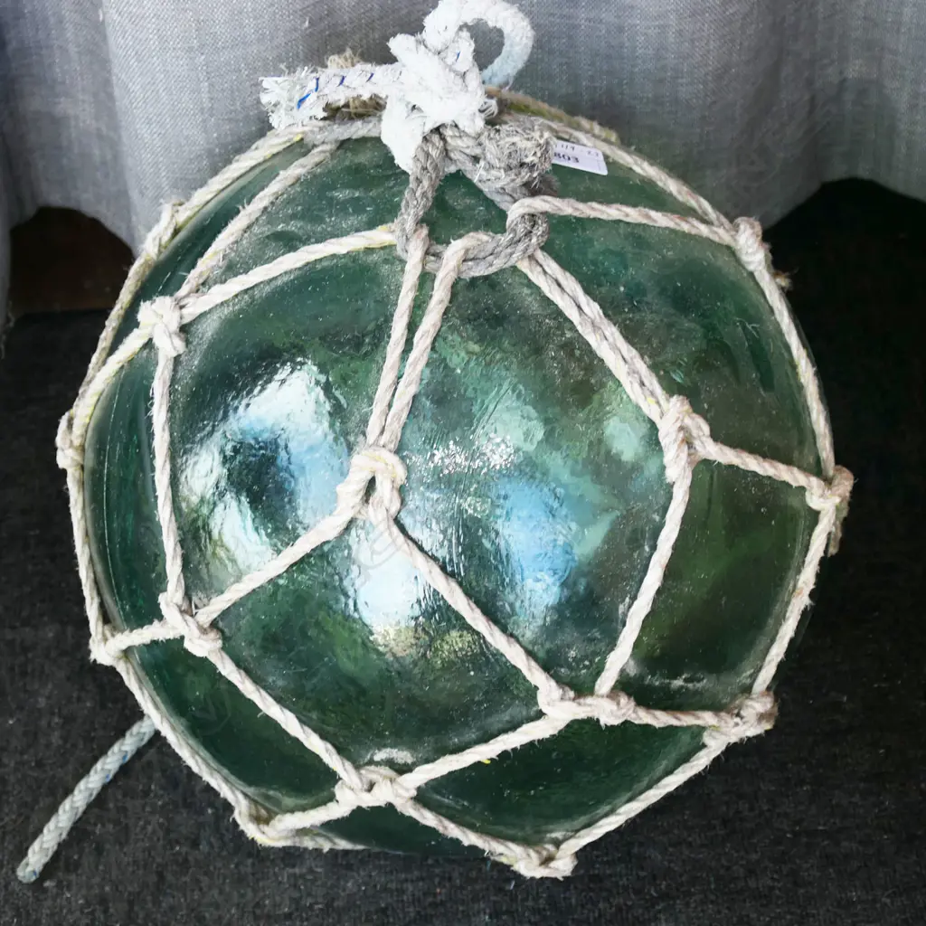 OLD GLASS FISHING FLOAT WITH NETTING hand blown APPROX. Dia.400mm Image 1++