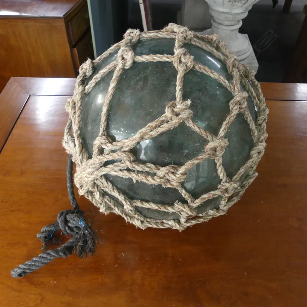 OLD GLASS FISHING FLOAT WITH NETTING hand blown APPROX. Dia.400mm Image 1++
