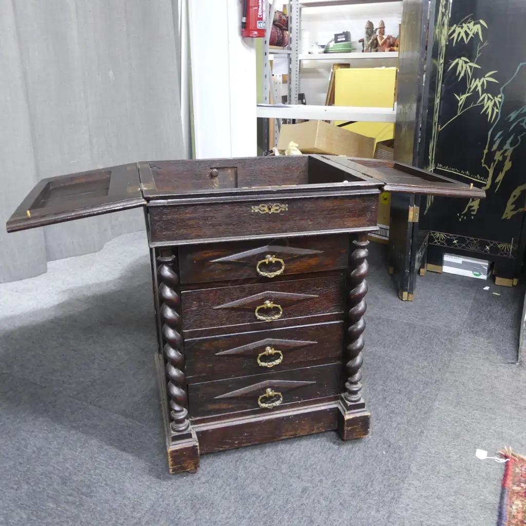 RARE EDWARDIAN OAK ARTIST''S SUPPLIES CABINET BY C. ROBERSON & CO. LONDON barley twist supports. Flap opening lids 535 x 490 x 730mm Image 1++