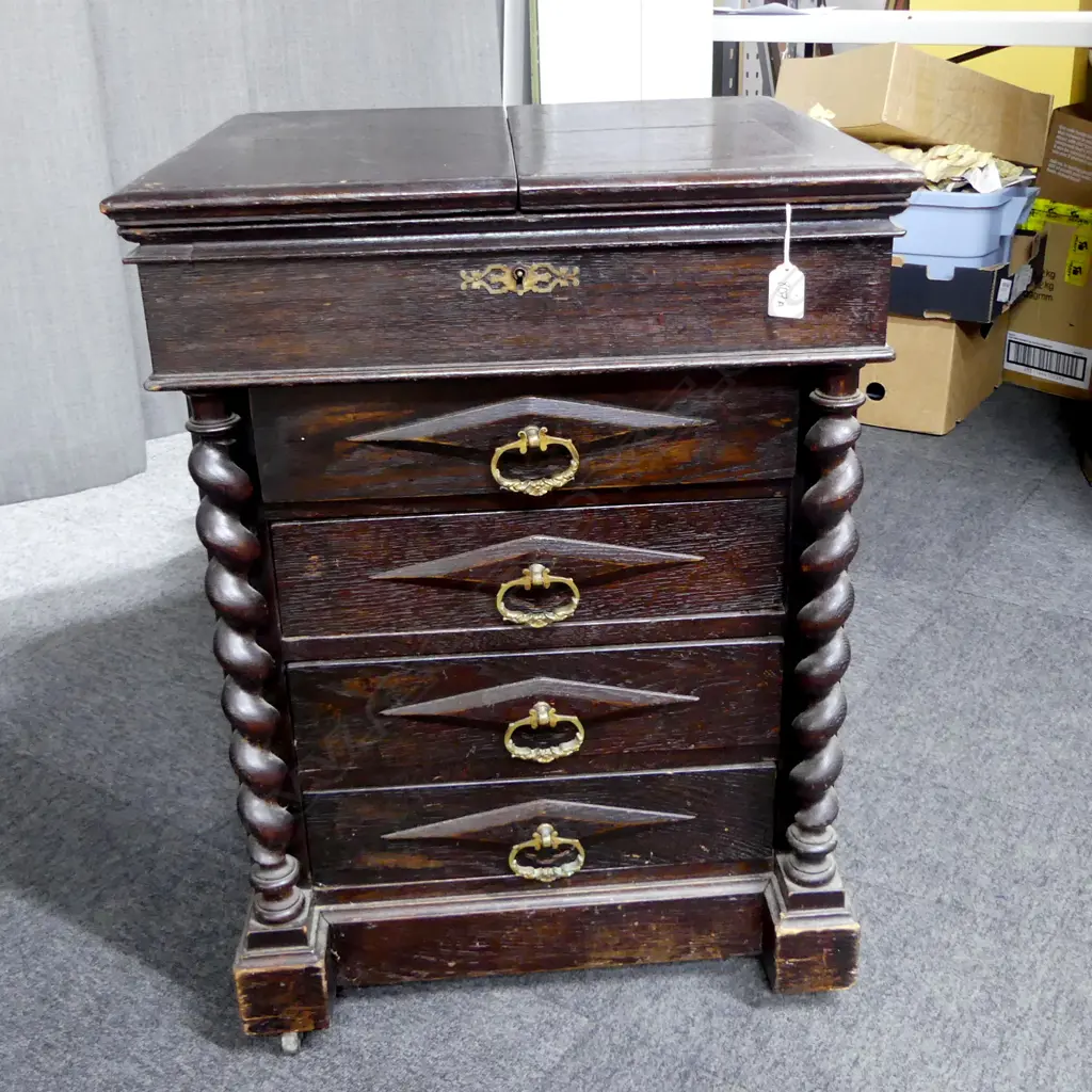 RARE EDWARDIAN OAK ARTIST''S SUPPLIES CABINET BY C. ROBERSON & CO. LONDON barley twist supports. Flap opening lids 535 x 490 x 730mm Image 1++