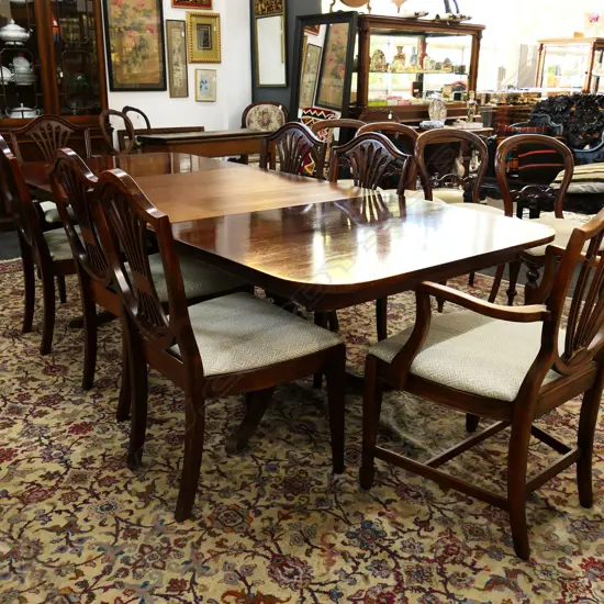 LG DOUBLE PEDESTAL REGENCY STYLE DINING TABLE 2500x1065x715mm + 8 CHAIRS (2 CARVERS, 1 NOT MATCHING)