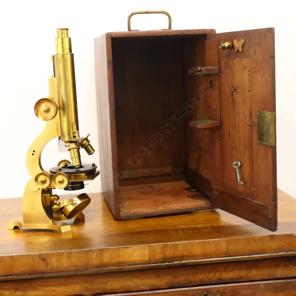 19thC GILDED BRASS MONOCULAR COMPOUND MICROSCOPE by B. COOKE, HULL IN MAHOGANY CASE Image 1++