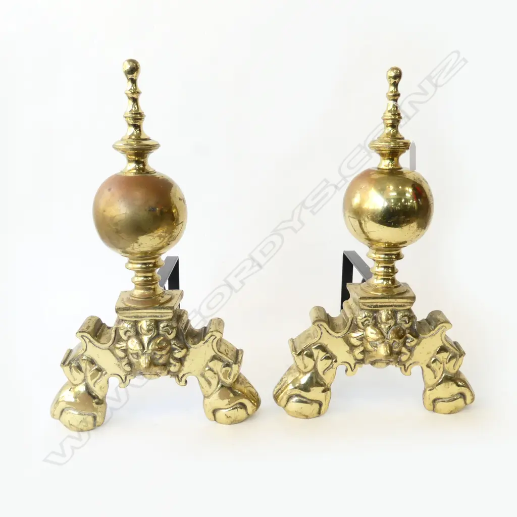 PR HEAVY BRASS FIREDOGS w. LION FACE BASES H460MM Image 1++