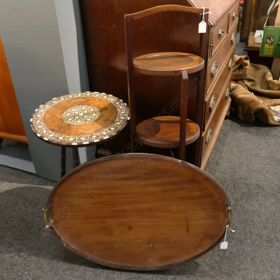 EARLY 20thC 3 TIER FOLDING CAKE STAND, TRIPOD TABLE, LG MAHOGANY OVAL TRAY (FAULTED)