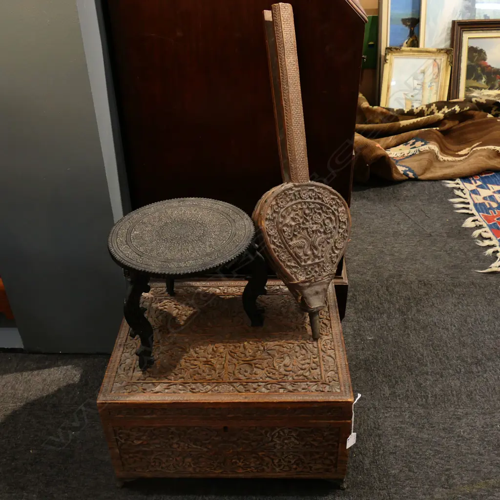 3 CARVED WOODEN PCS; CUTLERY BOX (EMPTY), BELLOWS, & SM TABLE Image 1++