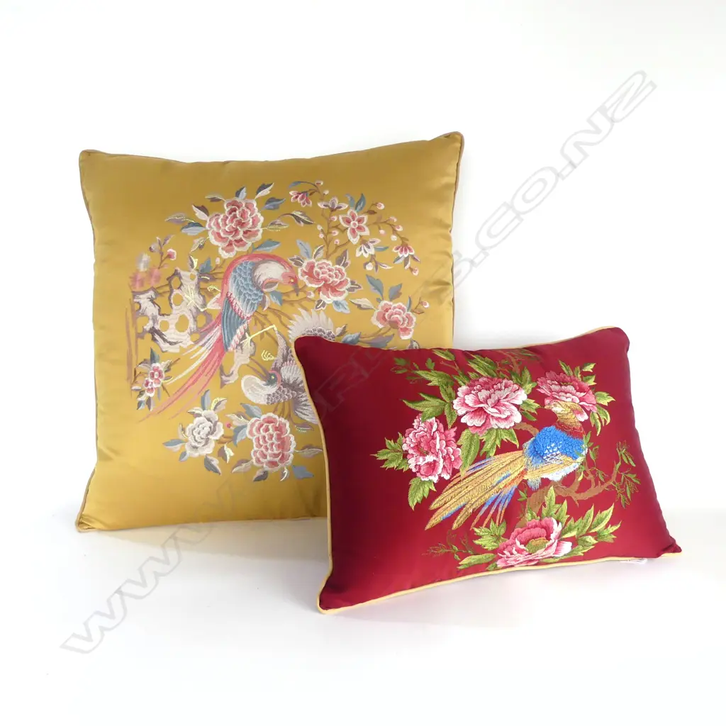 2 CUSHIONS w. SILK EMBROIDERY; 570x570, 330x480mm Image 1++