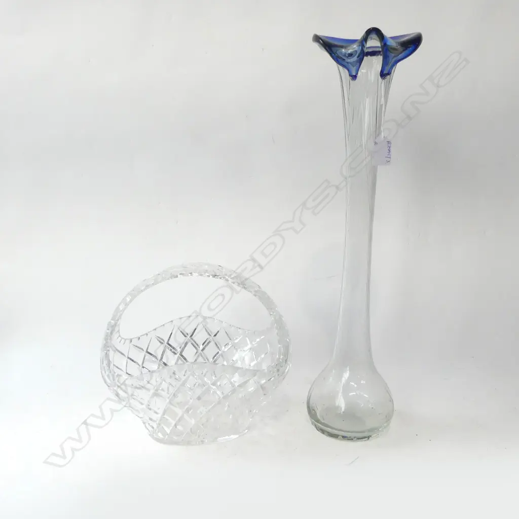 TALL GLASS VASE SIGNED MURANO '86 H.530mm + CRYSTAL BASKET Image 1++