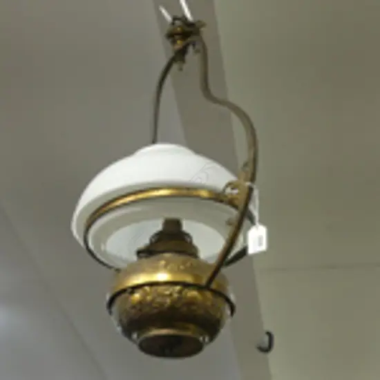 EDWARDIAN embossed brass HANGING KERO LAMP WITH white glass original SHADE later electrified no cordH.580mm. DIA.380mm