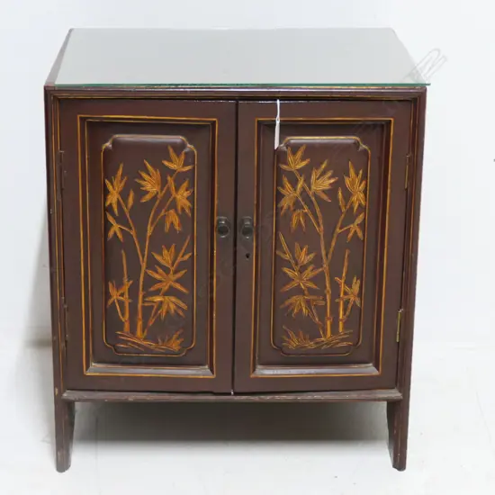 OLD CHINESE BEDSIDE CUPBOARD red/brown stain 2 doors foliate carved. Glass top 500 x 380 x 380mm