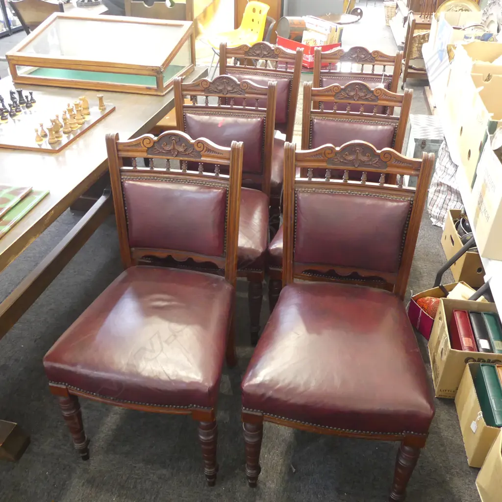 6 EDWARDIAN MAROON LEATHER DINING CHAIRS Image 1++
