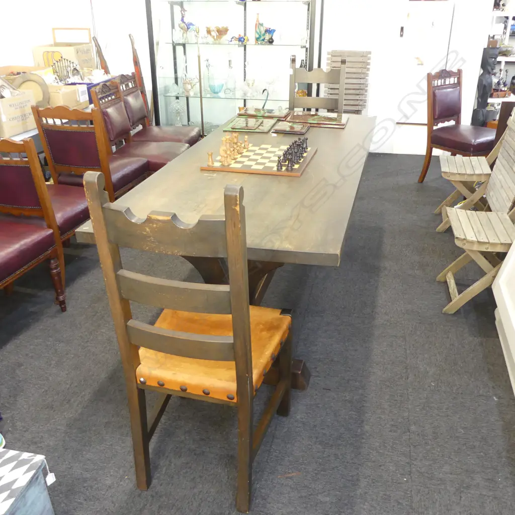 DINING TABLE w. STRETCHER BASE + PR SPANISH STYLE DINING CHAIRS w. LEATHER SEATS 2130x895x785mm Image 1++