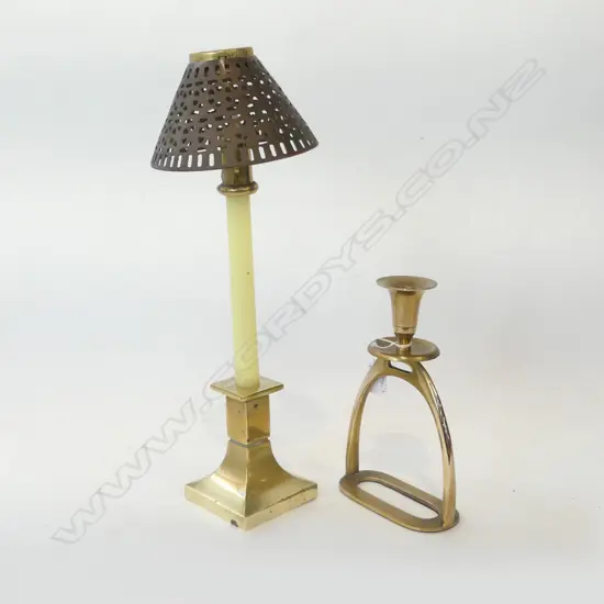 2 BRASS CANDLE HOLDERS; STIRRUP & LAMP STYLE