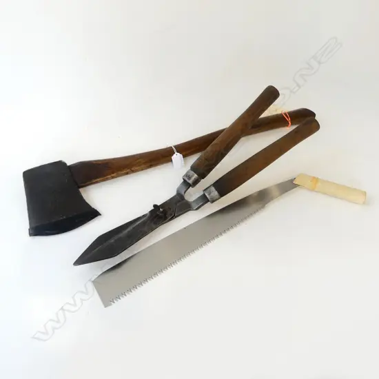 3 GARDEN TOOLS; KELLY AXE, JAPANESE SAW, HEDGE TRIMMERS