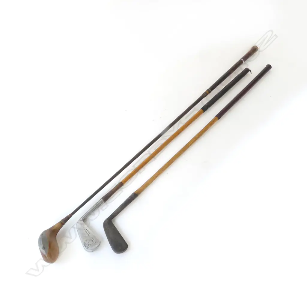 THREE ANTIQUE HICKORY SHAFT GOLF CLUBS – MID IRON BY CLIFF CO, DOUGLAS AUTOGRAPH PUTTER ETC Image 1++