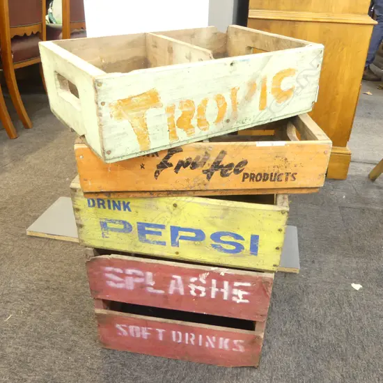 4 WOODEN CRATES; PEPSI ETC W.420mm