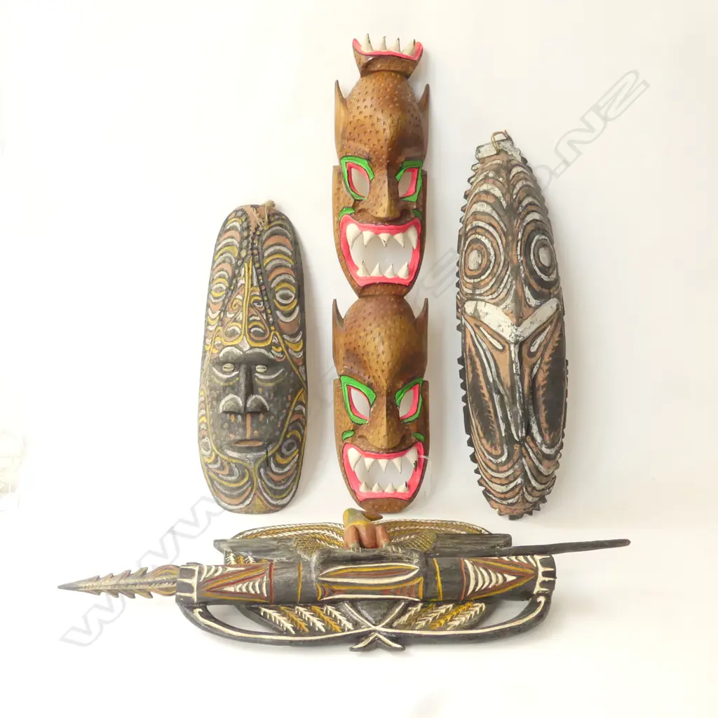 THREE NEW GUINEA CARVED MASKS’ + SHIELD H260-660MM Image 1++