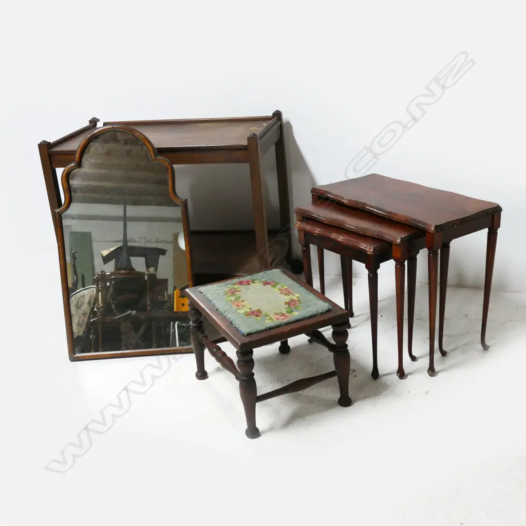VINTAGE TEA TROLLEY, MIRROR, FOOT STOOL, 3 NESTING TABLES Image 1++