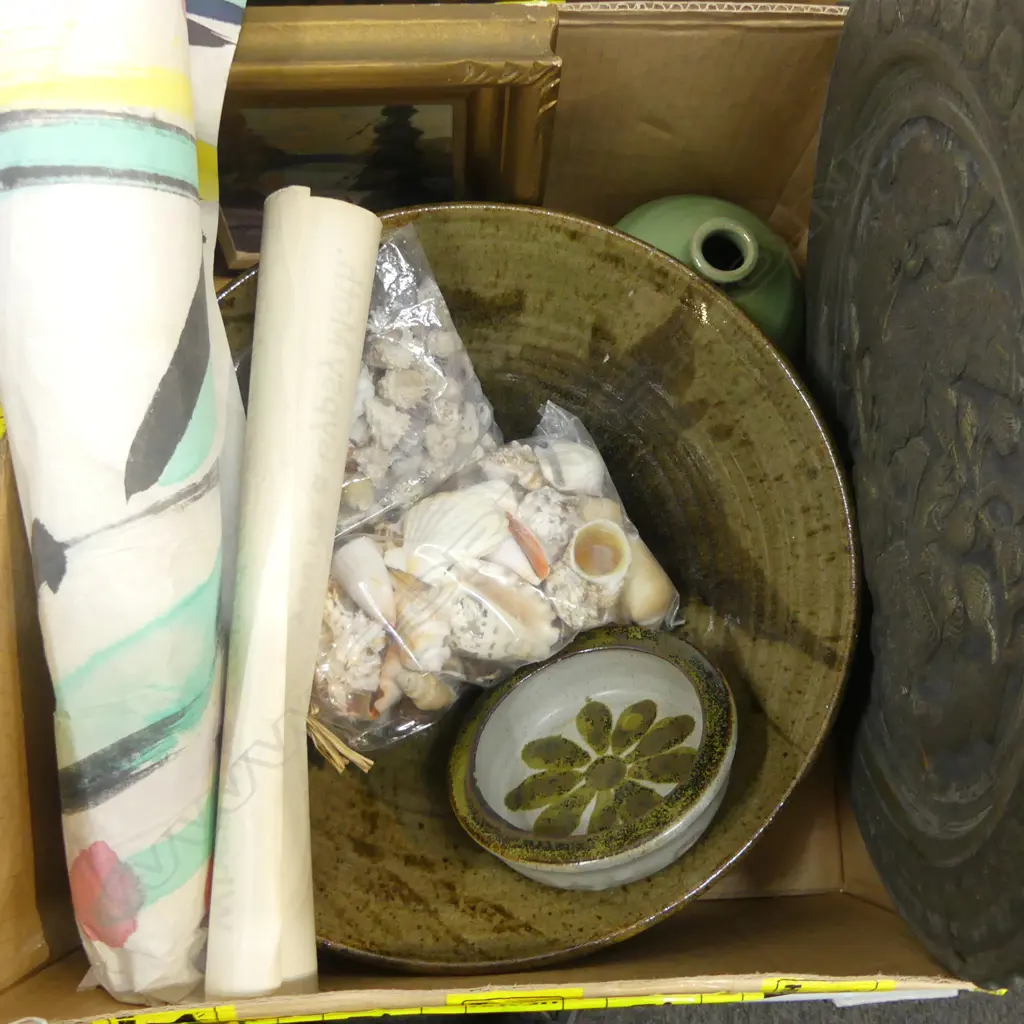BOX LOT POTTERY BOWL CRACKED  ROLL OF ART MOVIE POSTER TIN PLAQUE ETC Image 1++