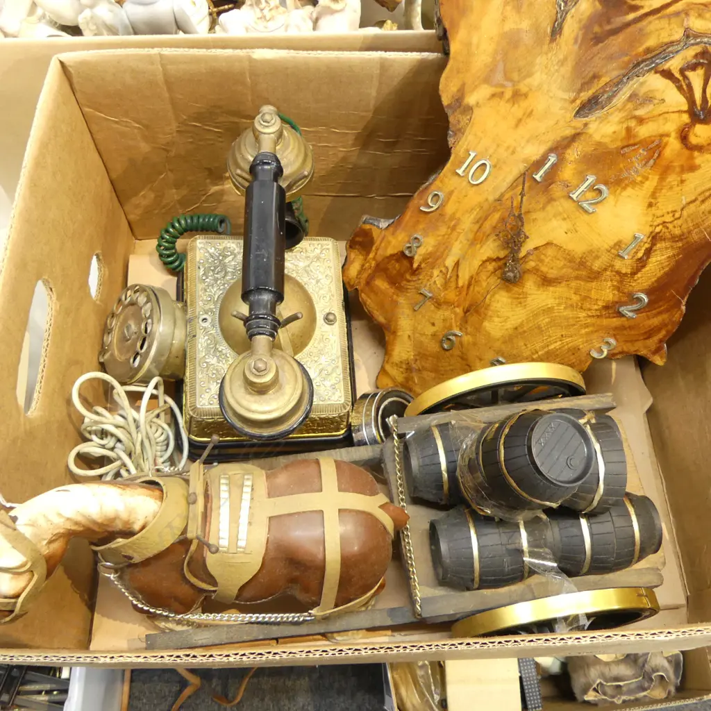 COLLECTION VINTAGE ITEMS, PHONE, HORSE/CARRIAGE (BROKEN) & HOLDEN FUEL CAP & WOODEN WALL CLOCK Image 1++