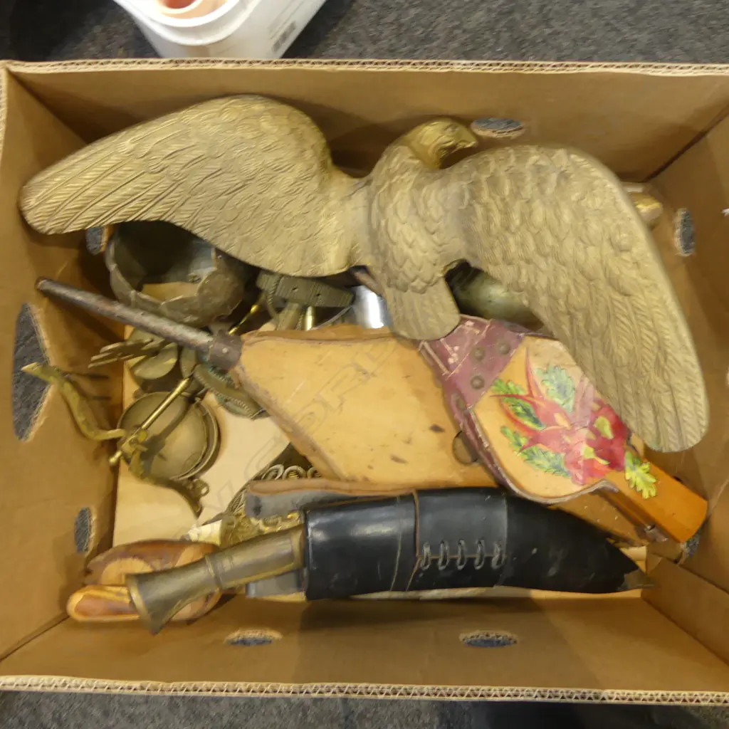 COLLECTION BRASS INCL LG EAGLE, BELLOWS & LEATHER SHEATH KNIFE Image 1++