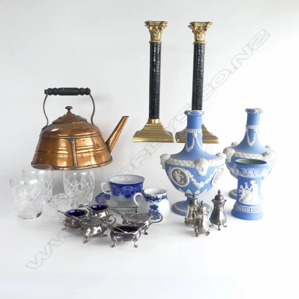 PR WEDGWOOD VASES & PR CANDLESTICKS, EP CONDIMENTS ETC H.310mm Image 1++