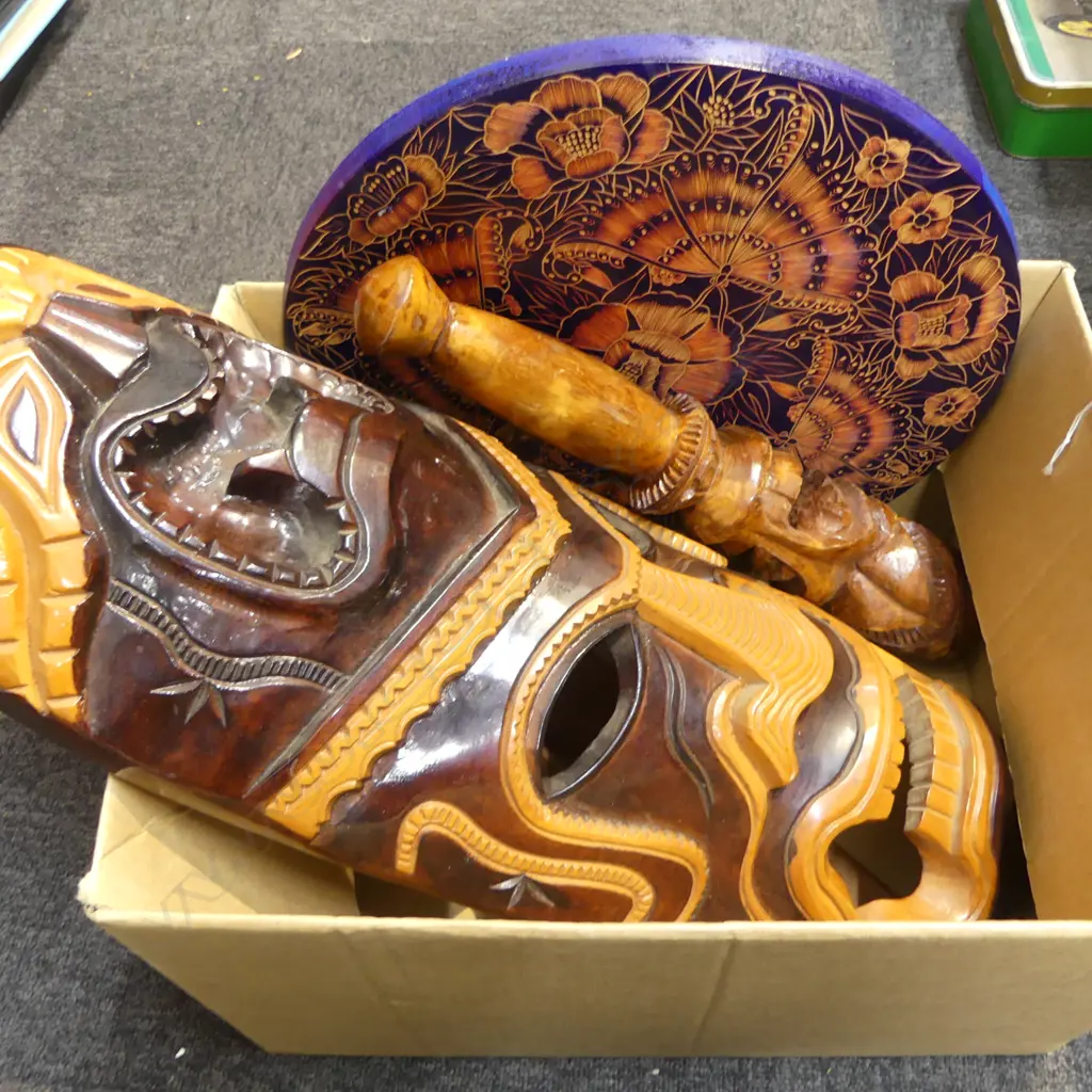 4 ETHNIC CARVINGS; 2 MASKS, SHIELD & CLUB Image 1++
