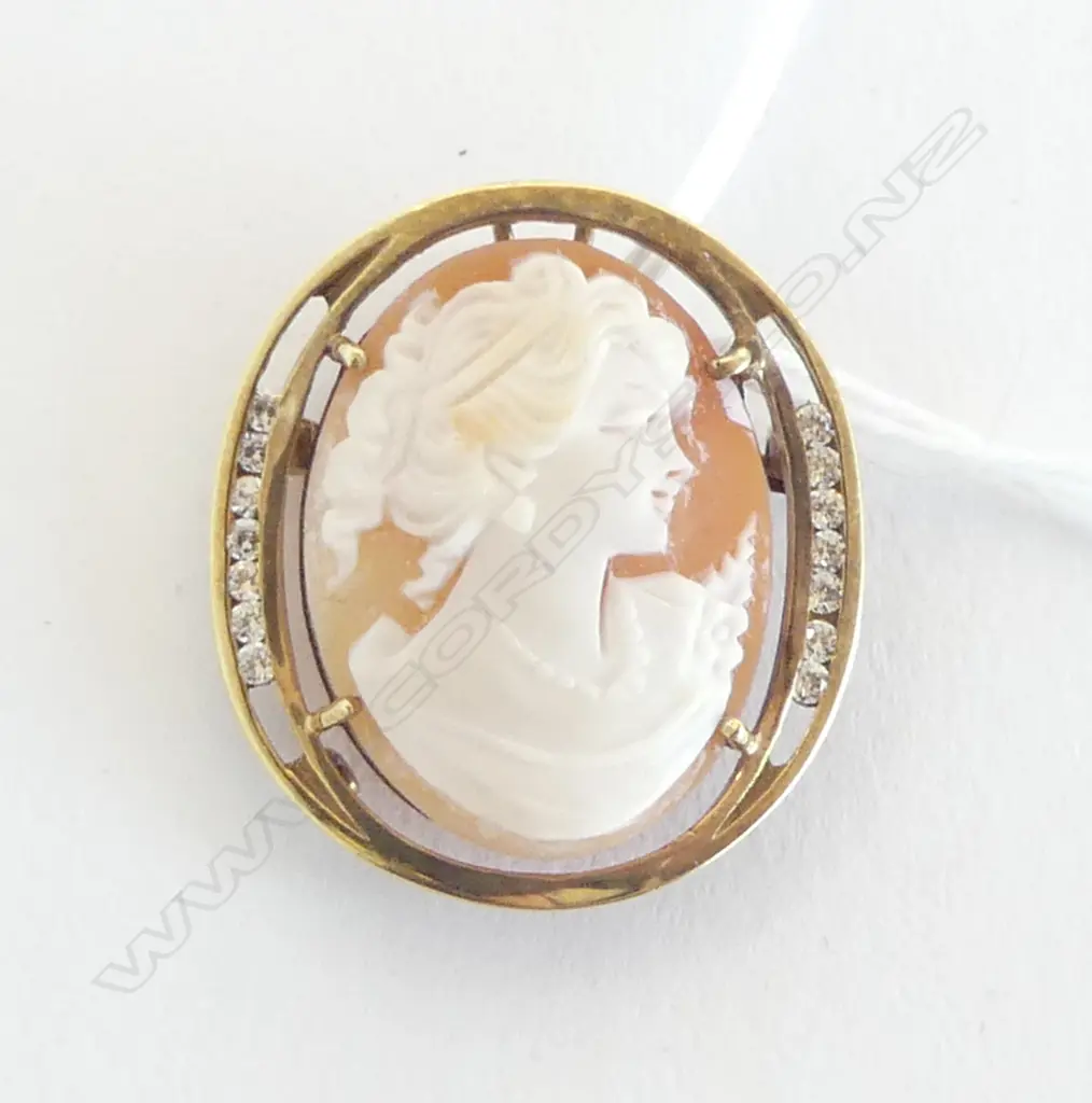 9ct GOLD & DIAMOND FRAMED CAMEO PENDANT/BROOCH 7.1gms Image 1++