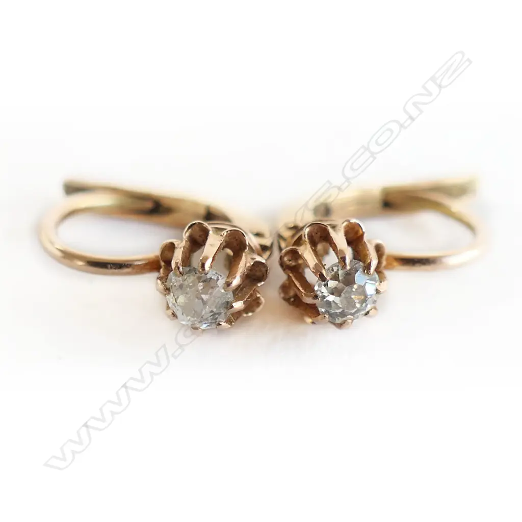 PR VINTAGE GOLD & OLD CUT DIAMOND SOLITAIRE EARRINGS BOXED Image 1++